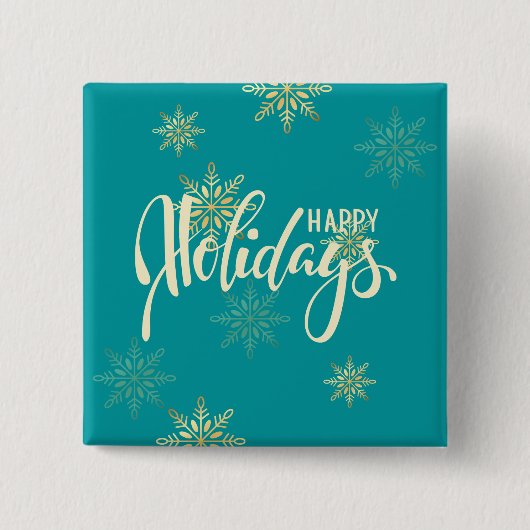 ハッピーホリデーズクリスマス金ゴールド雪の結晶グリーン 缶バッジ (正面)