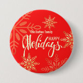 ハッピーホリデーズクリスマス金ゴールド雪の結晶レッド 缶バッジ (正面)