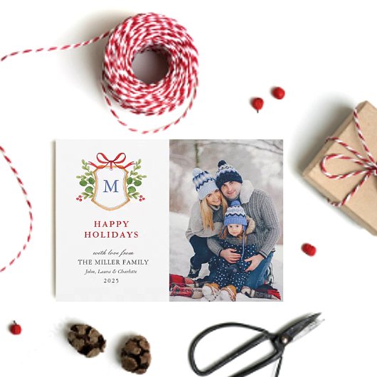 ハッピーホリデーズクレストと緑のモノグラムの写真 シーズンカード