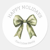ハッピーホリデーズグリーンウォーター色のボークリスマス ラウンドシール (正面)