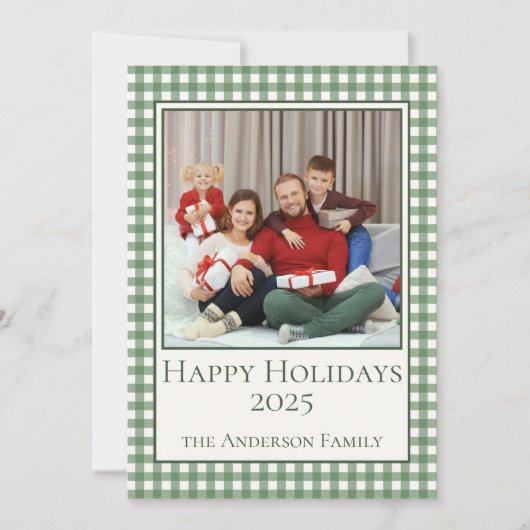 ハッピーホリデーズグリーンジンガム写真と文字 シーズンカード (正面)