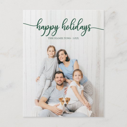 ハッピーホリデーズグリーンスクリプトユニークフォトクリスマス ポストカード (正面)
