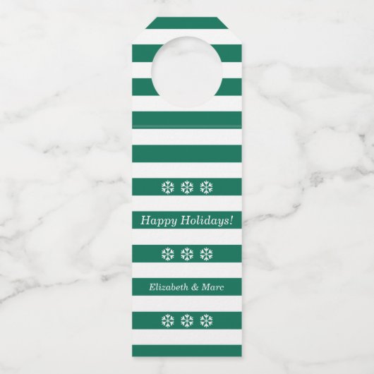 ハッピーホリデーズグリーンストライプのスノーフレークスワイン ボトルネックタグ (正面)