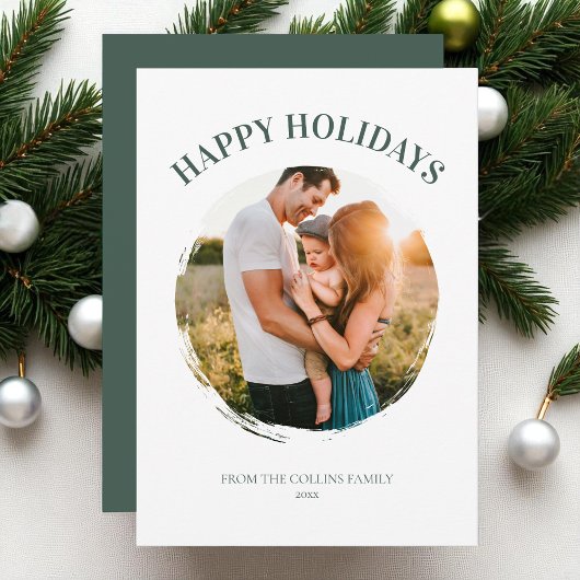 ハッピーホリデーズグリーンファミリーフォトクリスマモダンス シーズンカード