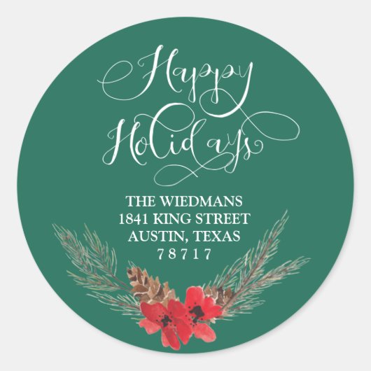 ハッピーホリデーズグリーン差出人住所ラウンドステッカー ラウンドシール (正面)