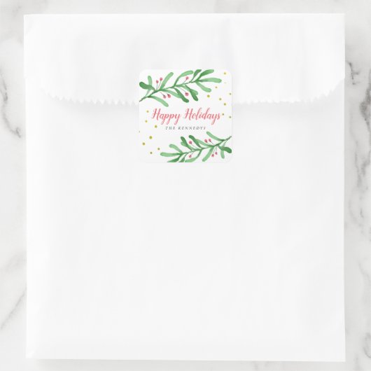 ハッピーホリデーズグリーン離れシムズファミリーネームクリスマス スクエアシール (バッグ)