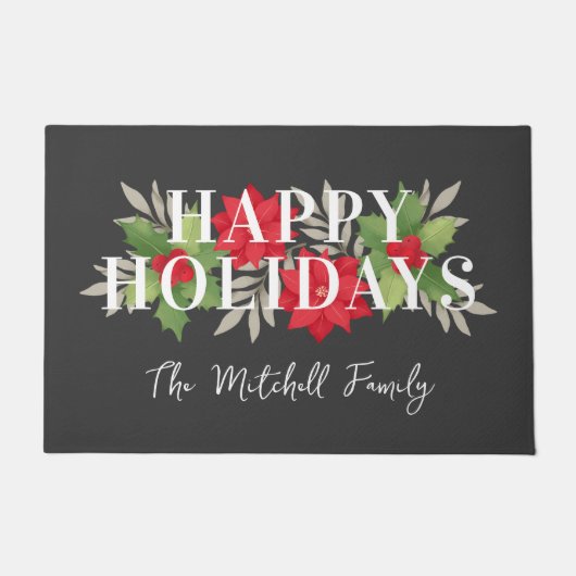 ハッピーホリデーズグレークリスマスフローラファミリー名 ドアマット (正面)