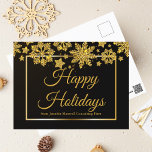 ハッピーホリデーズシック企業のクリスマスブラック金ゴールド シーズンポストカード<br><div class="desc">金ゴールド企業のでハッピーホリデーとシックなクリスマスカード書は、ブラックホリデーのカードに落下する雪縁ど片の美しい下にキュラシブなスクリプトの中でエレガント。こカスタマイズの冬のプロフェッショナルマーケティングの前に会社名を付けたこ素晴らしの休日はがき。</div>