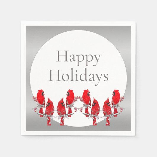 ハッピーホリデーズシルバーレッド（鳥）ショウジョウコウカンチョウ スタンダードカクテルナプキン (正面)