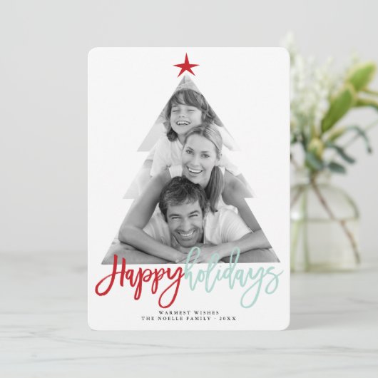 ハッピーホリデーズスクリプトクリスマスツリー切り出し写真 シーズンカード (スタンド正面)