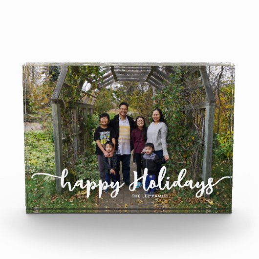 ハッピーホリデーズスクリプトシックな家族の写真クリスマス フォトブロック (正面)