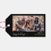 ハッピーホリデーズスクリプトブラック金ゴールドファミリーフォト ギフトタグ (裏面横)