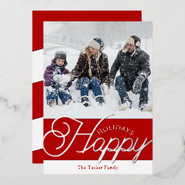 ハッピーホリデーズスクリプトレッド&シルバーフォトクリスマス 箔シーズンカード