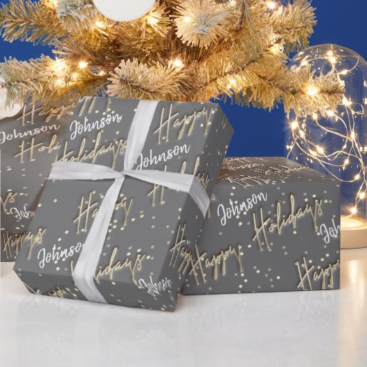ハッピーホリデーズスクリプト名金ゴールド紙吹雪グレーグレー ラッピングペーパー (クリスマス)