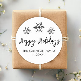 ハッピーホリデーズスクリプト白黒スノーフレーク ラウンドシール