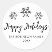 ハッピーホリデーズスクリプト白黒スノーフレーク ラウンドシール (正面)