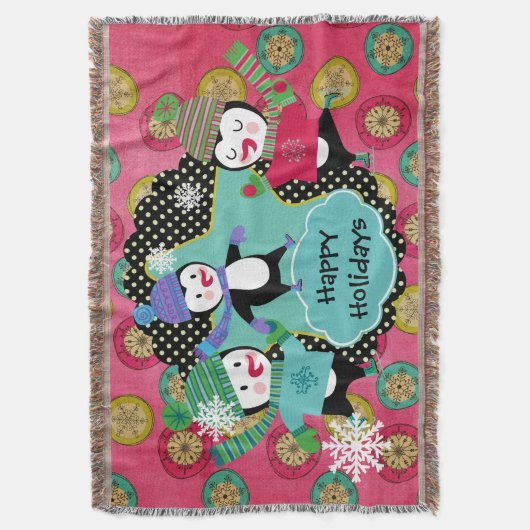 ハッピーホリデーズスケートで滑るペンギンスホリデースロー スローブランケット (正面縦)