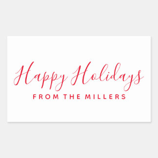 ハッピーホリデーズステッカースクリプト赤パーソナライズされた 長方形シール