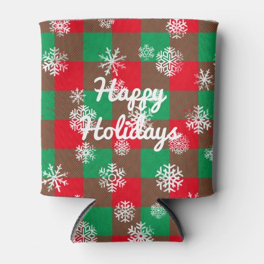 ハッピーホリデーズスノーフレークスクリスマスバッファロープレイド 缶クーラー (正面)