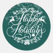 ハッピーホリデーズスノーフレークスグリーンクリスマス ラウンドシール (正面)