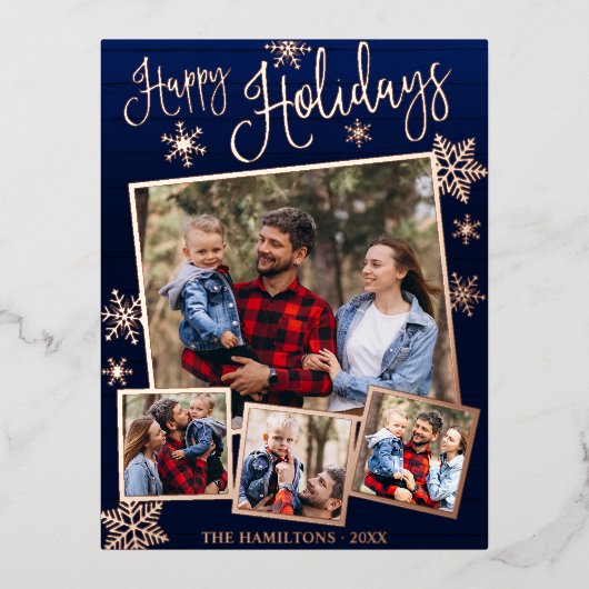 ハッピーホリデーズスノーフレーク4写真コラージュファミリーF 箔シーズンポストカード (正面)