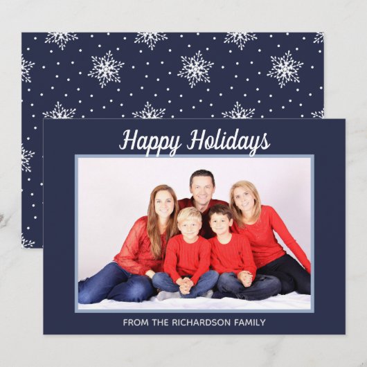 ハッピーホリデーズスノーフレークNavy Blueフォトフレーム シーズンカード (正面/裏面)