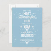 ハッピーホリデーズソフトブルーと白文字デザイン色 シーズンポストカード (正面/裏面)