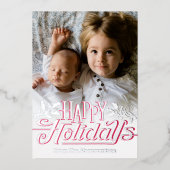 ハッピーホリデーズタイポグラフィホリーフォトシルバー 箔シーズンカード (正面)