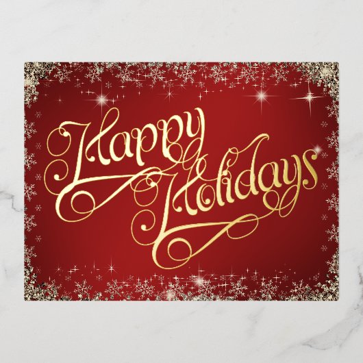 ハッピーホリデーズタイポグラフィレッドアンドダイヤモンド 箔シーズンポストカード (正面)