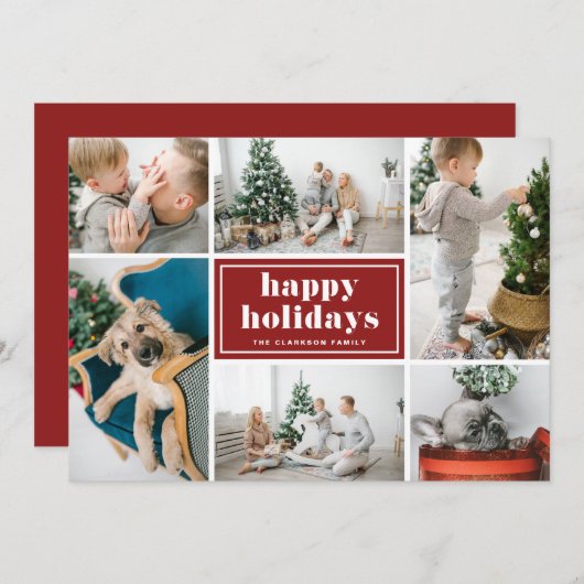 ハッピーホリデーズタイポグラフィレッドフォトコラージュ シーズンカード (正面/裏面)
