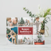 ハッピーホリデーズタイポグラフィレッドフォトコラージュ シーズンカード (スタンド正面)