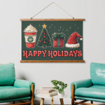 ハッピーホリデーズタペストリー – レトロクリスマスウォールアート