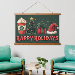 ハッピーホリデーズタペストリー – レトロクリスマスウォールアート 吊り下げ型タペストリー