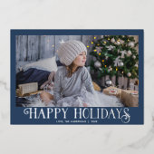 ハッピーホリデーズダスティブルーシルバーモダン1枚の写真 箔シーズンカード (正面)