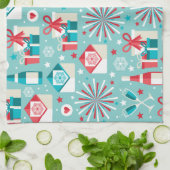 ハッピーホリデーズティール(緑がかった色)ブルー&レッドパターン キッチンタオル (折り畳み)