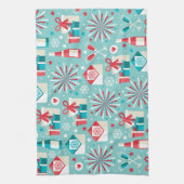 ハッピーホリデーズティール(緑がかった色)ブルー&レッドパターン キッチンタオル (縦)