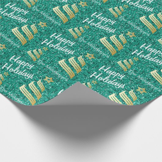 ハッピーホリデーズティール(緑がかった色)紙吹雪と金ゴールド |クリスマス ラッピングペーパー (角)