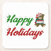 ハッピーホリデーズテディベアクリスマススクリプト スクエアペーパーコースター (正面)
