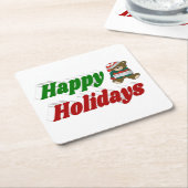 ハッピーホリデーズテディベアクリスマスタイポグラフィ スクエアペーパーコースター (アングル)