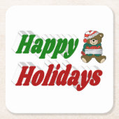 ハッピーホリデーズテディベアクリスマスタイポグラフィ スクエアペーパーコースター (正面)