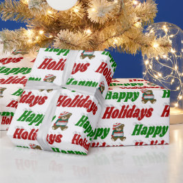 ハッピーホリデーズテディベアクリスマスタイポグラフィ ラッピングペーパー