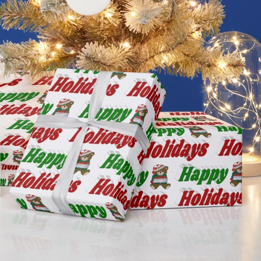 ハッピーホリデーズテディベアクリスマスタイポグラフィ ラッピングペーパー (クリスマス)