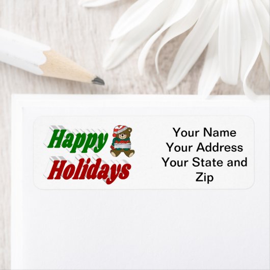 ハッピーホリデーズテディベアクリスマスタイポグラフィ ラベル (インサイチュ)