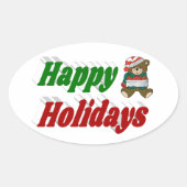 ハッピーホリデーズテディベアクリスマスタイポグラフィ 楕円形シール (正面)