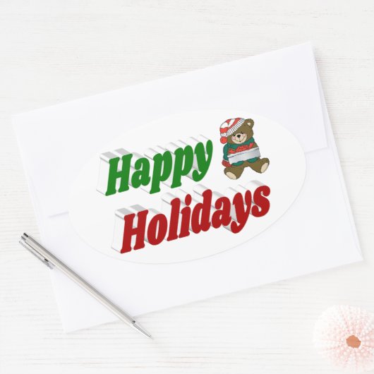 ハッピーホリデーズテディベアクリスマスタイポグラフィ 楕円形シール (封筒)