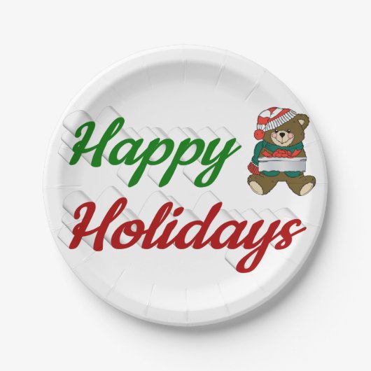 ハッピーホリデーズテディベアスクリプトクリスマス ペーパープレート (正面)