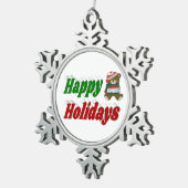 ハッピーホリデーズテディベアタイポグラフィ スノーフレークピューターオーナメント (右)