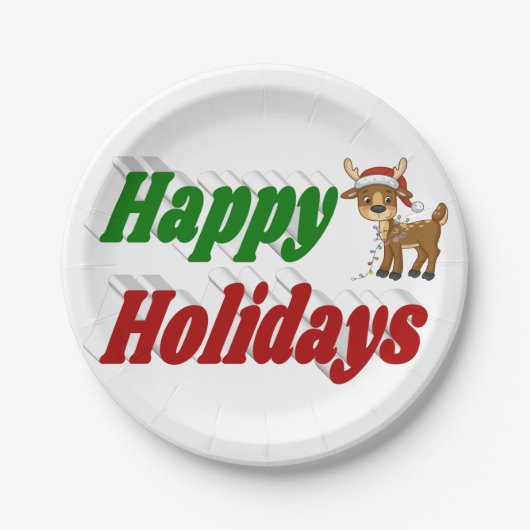 ハッピーホリデーズトナカイタイポグラフィクリスマス ペーパープレート (正面)