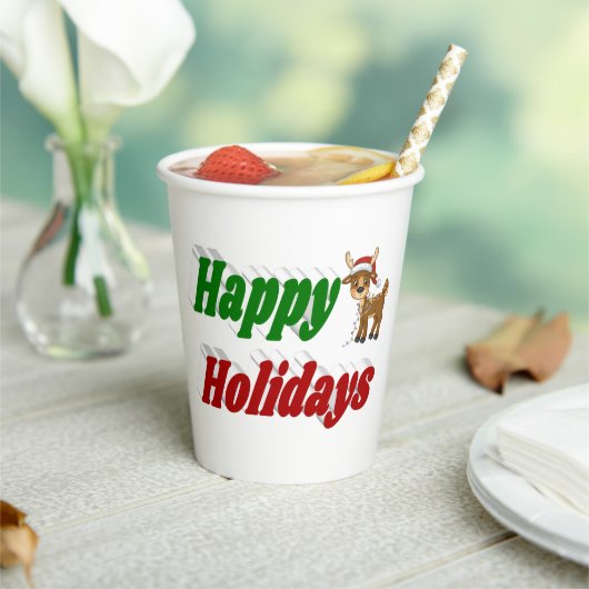 ハッピーホリデーズトナカイタイポグラフィクリスマス 紙コップ (インサイチュ)