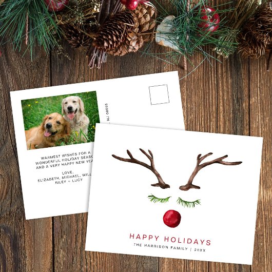 ハッピーホリデーズトナカイ水彩写真クリスマス シーズンポストカード